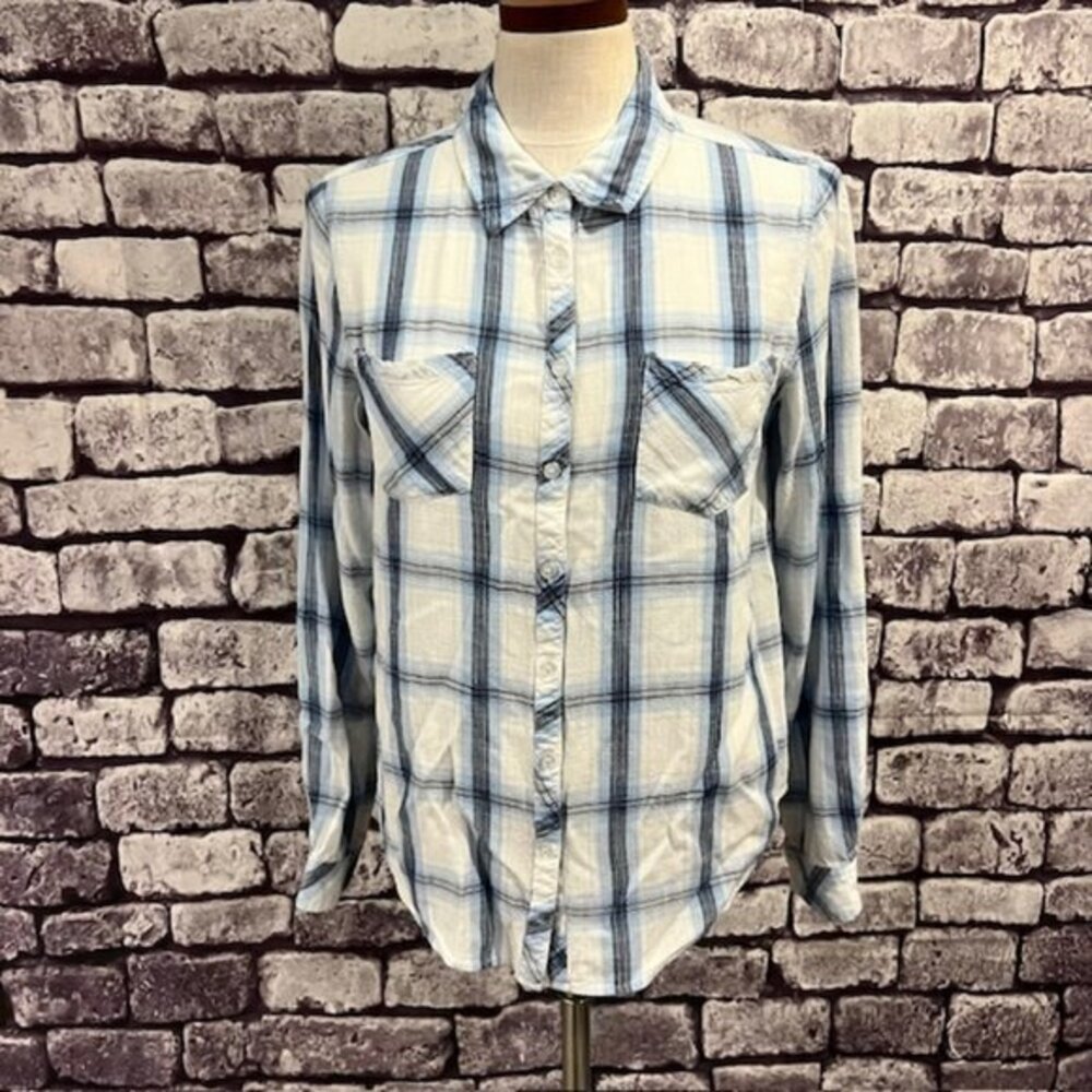 Charlie B Blue & White Button Down Blouse Size M